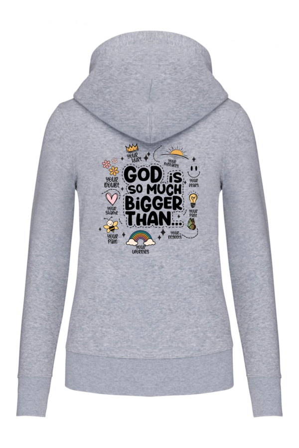 SWOTA God is much bigger than kereszteny noi kapucnis pulover hat meeirozott szurke