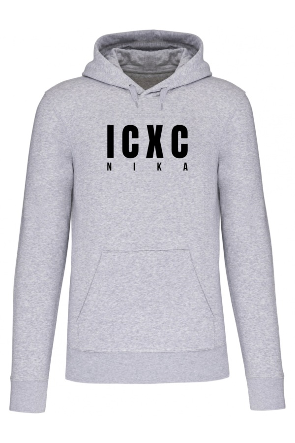SWOTA ICXC NIKA modern kereszteny ferfi kapucnis pulover elol melirozott szurke