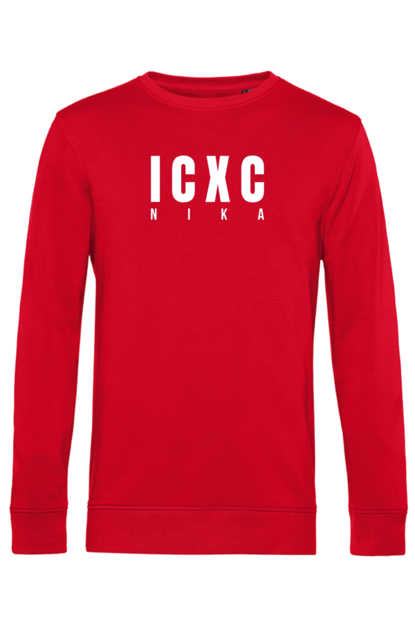 SWOTA ICXC NIKA modern kereszteny ferfi kornyaku pulover elol piros