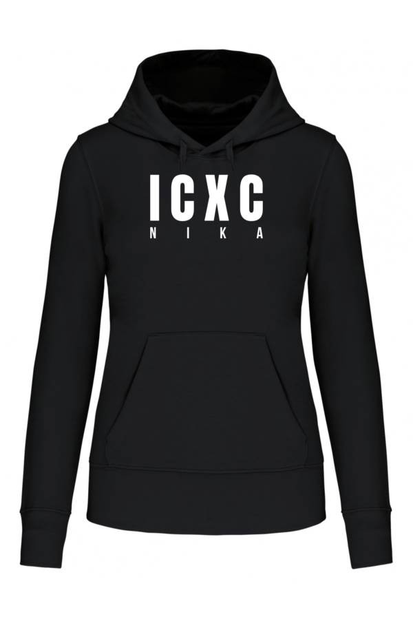SWOTA ICXC NIKA modern kereszteny noi kapucnis pulover elol fekete