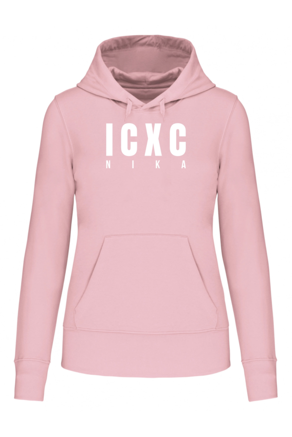 SWOTA ICXC NIKA modern kereszteny noi kapucnis pulover elol rozsaszin
