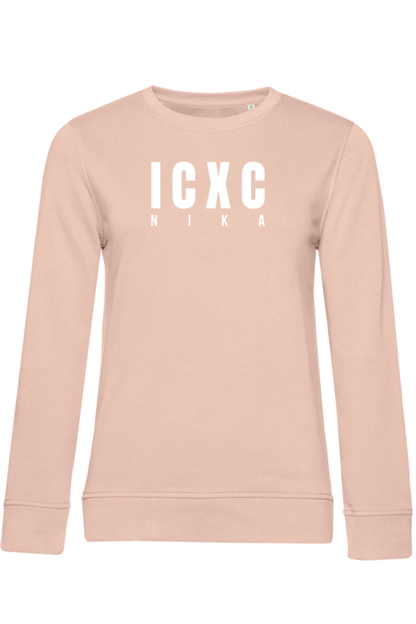 SWOTA ICXC NIKA modern kereszteny noi kornyaku pulover elol pasztell rozsaszin
