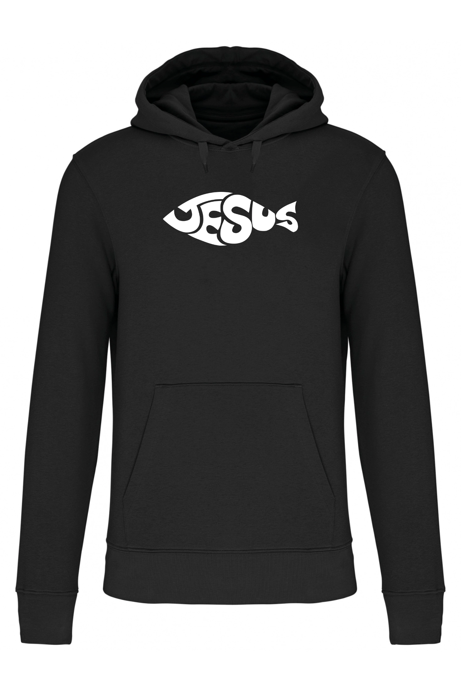 SWOTA Jesus fish kereszteny ferfi kapucnis pulover elol fekete