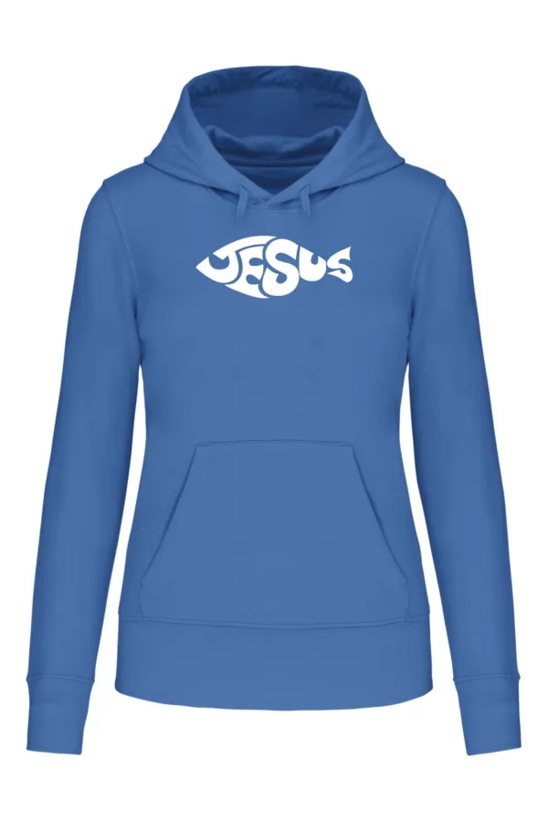 Jesus fish keresztény női kapucnis pulóver – kék