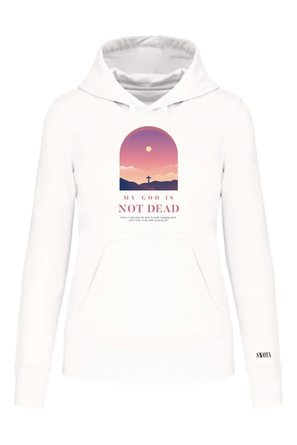 My God is not dead keresztény női kapucnis pulóver – fehér