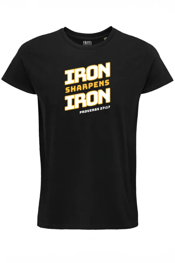 Iron sharpens iron keresztény férfi póló – fekete